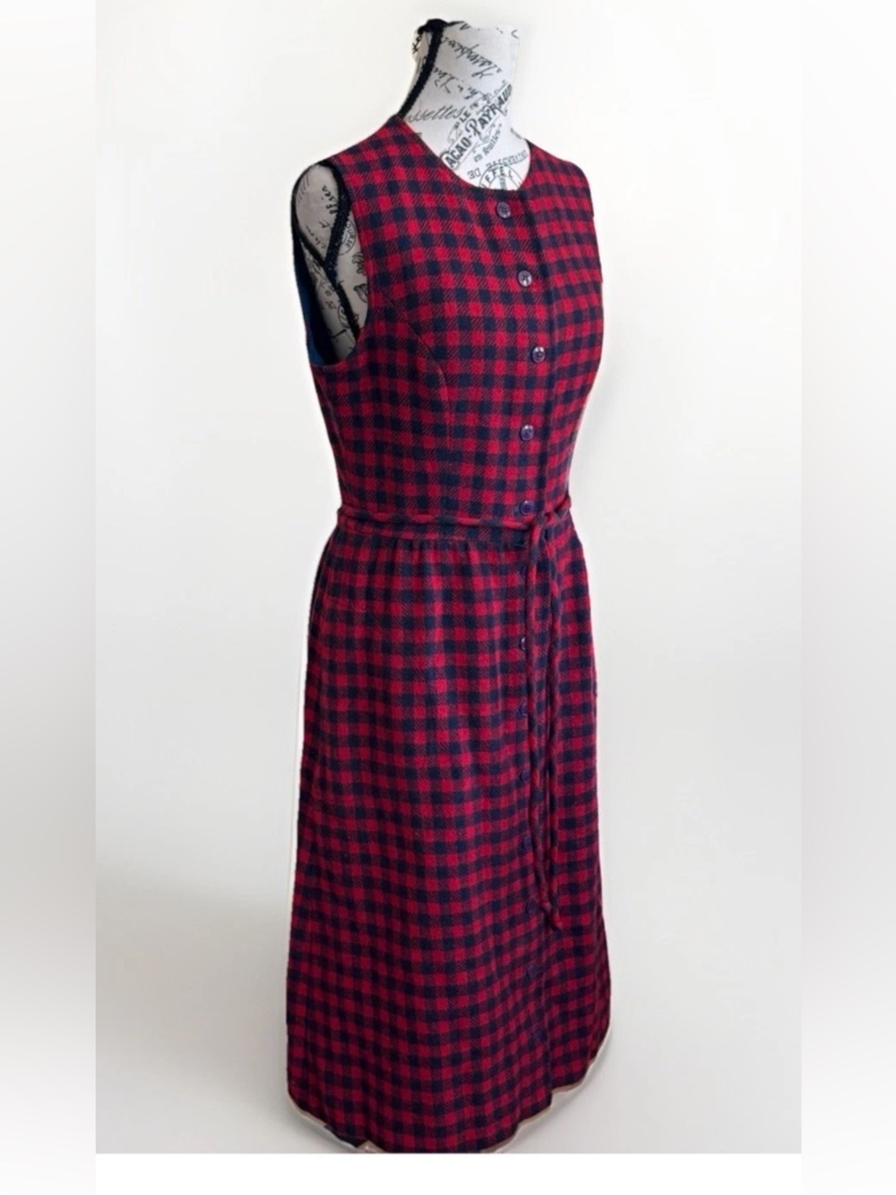 Vintage 70s Lanz Plaid Red Wool Midi Dress Button Down Mod Retro Secretary Geek